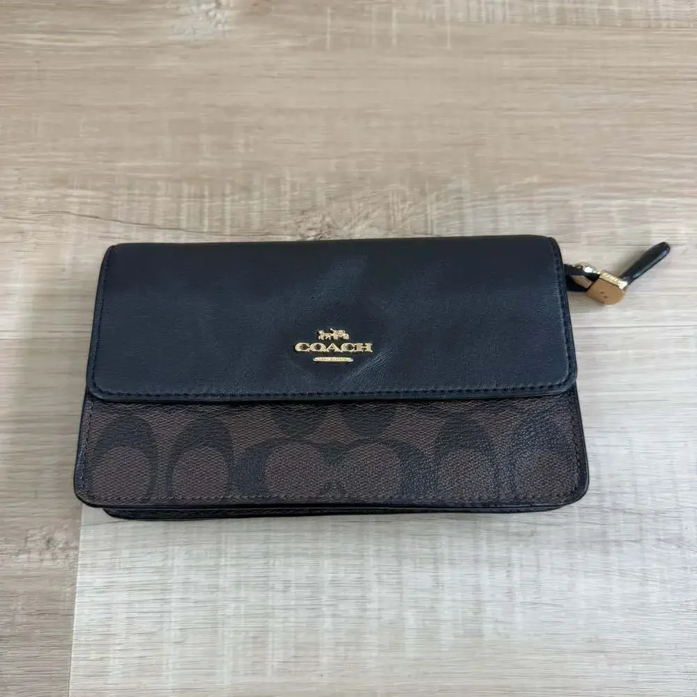 Coach Signature Coated Canvas and Leather Foldover Clutch Wallet